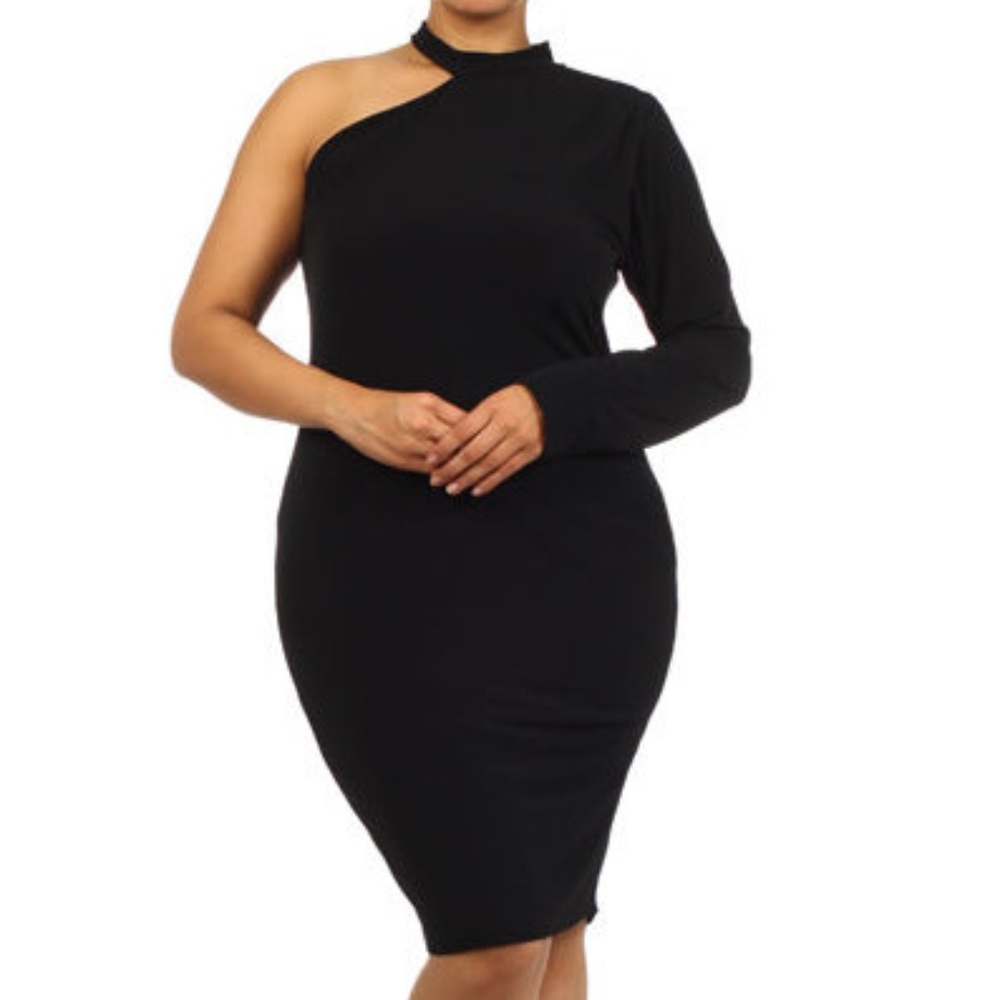 EASTER SALE Plus Black One Shoulder Bodycon Dress - Picture 2 of 6